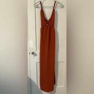 Promesa Boho Deep Plunge terra cotta flowy criss cross maxi dress Sz S